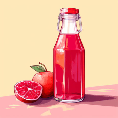 a vibrant still life photograph featuring a classic bottle of juice and juice, beautifully placed on a sheet of drawing paper, set against a bold fuchsia background, evoking a sense of nostalgia and creativity, perfect for art enthusiasts and design lovers alike, capturing the essence of simplicity and elegance. ai generatedの素材