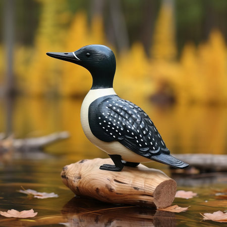 this handmade wood carving of a common loon, measuring 5 inches in size, showcases a simple yet elegant design, perfect for nature enthusiasts and bird lovers, featuring intricate details and textures that highlight the beauty of this iconic waterbird species, often found in lakes and rivers. ai generatedの素材