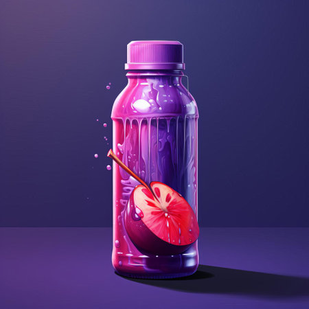a vibrant still life photograph featuring a classic bottle of juice and juice, creatively embellished with colorful drawing spray paint, set against a bold violet background, evoking a sense of artistic expression and playful modernity, perfect for art enthusiasts and design lovers alike. ai generatedの素材