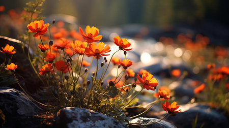 the landscape showcases a breathtaking vista of fall wild flowers, with vibrant orange and rust hues, set against a serene natural backdrop, highlighting the majestic beauty of landforms, autumn foliage, and seasonal transitions, perfect for nature lovers and photography enthusiasts. ai generatedの素材