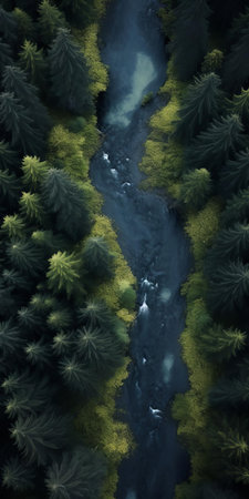 the forest, bathed in a mystical atmosphere, unfolds as a tapestry of dark indigo and light gold hues, evoking nature-based patterns and fluid forms, reminiscent of romantic riverscapes, where silver and green tones blend seamlessly, as if a serene beach scene has been transported to this woodland wonderland. ai generatedの素材