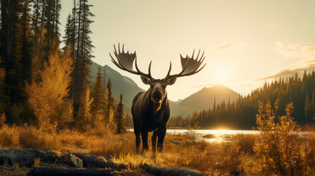 a majestic moose stands proudly in the golden hour, its antlers and fur illuminated by the warm, soft light, captured in a stunning side view photograph, reminiscent of national geographic's iconic wildlife shots, expertly shot on agfa vista film, evoking a sense of wild beauty and serenity. ai generatedの素材
