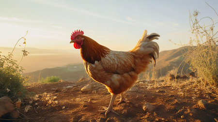 a majestic chicken stands proudly in the golden hour, its feathers glistening with warm, sun-kissed tones, captured in stunning side view detail, reminiscent of a national geographic feature, shot on agfa vista film, evoking a sense of rustic, rural charm and natural beauty. ai generatedの素材