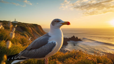 a majestic seagull stands proudly in the golden hour, its feathers glistening in the warm light, captured in a stunning side view portrait, reminiscent of a national geographic photograph, shot on agfa vista film, evoking a sense of serenity and freedom, with the soft hues of the setting sun. ai generatedの素材