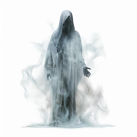 the ghost, a mesmerizing algorithmic art creation, stands isolated on a pristine white background, its ethereal full-body form radiating an otherworldly aura, perfect for digital art enthusiasts, tech-savvy designers, and fans of futuristic aesthetics. ai generatedの素材