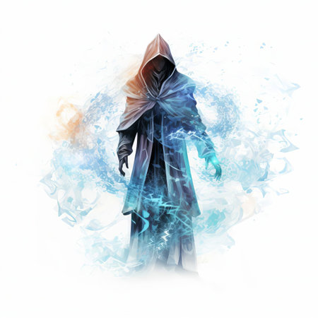 the sorcerer, cloaked in mystery, stands proudly isolated on a white background, showcasing intricate details of algorithmic art that weave a spell of enchantment, perfect for fantasy and magic enthusiasts, digital art collectors, and fans of mystical characters. ai generatedの素材