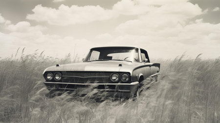 the ford thunderbird sits majestically in a serene grassy field, captured in a stunning black-and-white image that exudes a nostalgic charm, thanks to the distorted, blurry, and grainy effects reminiscent of vintage expired instant film photography. ai generatedの素材