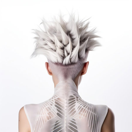 the stunning aria model showcases her edgy style in this rear view photo, posing with her back to the camera against a crisp white background, flaunting her trendy faux hawk hairstyle, perfect for fashion enthusiasts and hairstyle inspiration seekers. ai generatedの素材