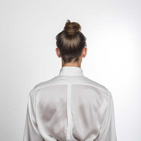 william stands with his back to the camera against a clean white background, showcasing his stylish top knot hairstyle, perfect for fashion and lifestyle inspiration, highlighting the latest men's hair trends and popular grooming styles for the modern gentleman. ai generatedの素材