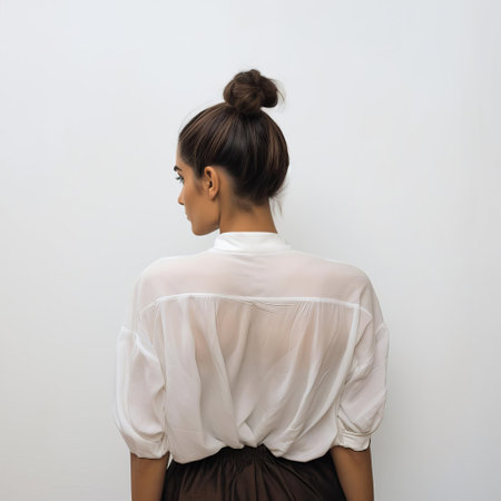 mila stands confidently with her back to the camera, showcasing her stylish top knot hairstyle against a clean white background, exuding elegance and sophistication in this chic portrait, perfect for fashion, beauty, and lifestyle inspiration. ai generatedの素材