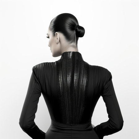 evelyn stands confidently with her back to the camera, showcasing her sleek, slicked-back hair against a pristine white background, exuding elegance and sophistication in this stunning rear-view portrait, perfect for fashion, beauty, and lifestyle photography enthusiasts. ai generatedの素材
