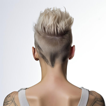 emily stands confidently with her back to the camera, showcasing her edgy mohawk hairstyle against a clean white background, exuding a rebellious and trendy vibe, perfect for punk rock, alternative fashion, and bold hairstyle inspiration. ai generatedの素材
