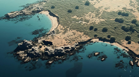 the peninsula, viewed from above, stretches out in a serene landscape, its flat, duotone color scheme evoking a sense of calmness, with gentle hills and valleys unfolding like a natural tapestry, perfect for nature lovers and geography enthusiasts alike, showcasing the beauty of coastal landforms and unique geological formations. ai generatedの素材