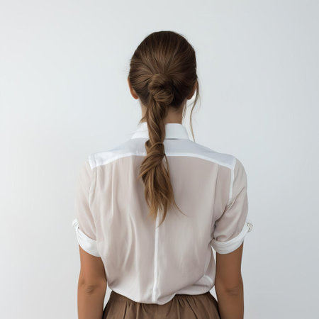 the woman, emma, stands confidently with her back to the camera, showcasing her sleek ponytail against a pristine white background, exuding elegance and sophistication, perfect for fashion, beauty, and lifestyle photography enthusiasts. ai generatedの素材