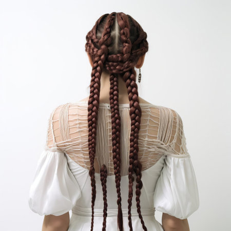 zoey stands confidently with her back to the camera, showcasing her stunning braids against a clean white background, highlighting her unique hairstyle and fashion sense, perfect for beauty, hair, and lifestyle inspiration. ai generatedの素材
