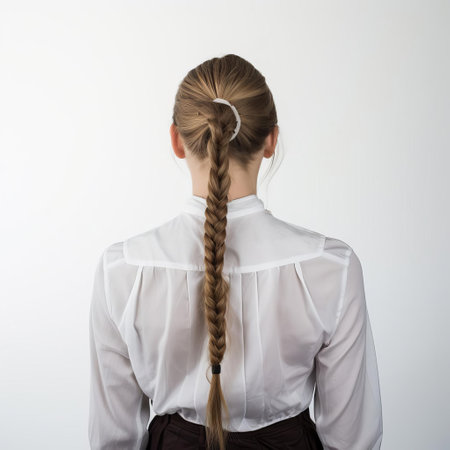the woman, emma, stands confidently with her back to the camera, showcasing her sleek ponytail against a pristine white background, exuding elegance and sophistication in this stunning rear-view portrait, perfect for fashion, beauty, and hairstyle inspiration. ai generatedの素材