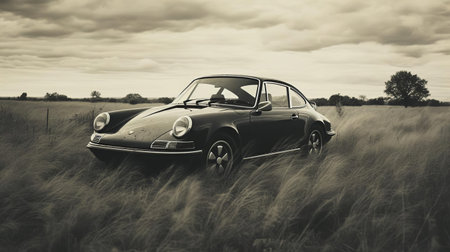 the porsche 911, a iconic sports car, is captured in a unique and artistic way in this distorted, blurry, grainy, vintage-inspired, expired instant film photo, set against a serene backdrop of a lush green grassy field, evoking a sense of nostalgia and retro charm. ai generatedの素材