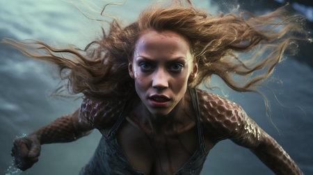 the mermaid, with its terrifying gaze, emerges from the dark ocean depths, its scaly tail propelling it towards the camera with an unsettling intensity, showcasing an ultra-realistic, spine-tingling, and eerie underwater encounter, perfect for horror fans and marine mythology enthusiasts. ai generatedの素材