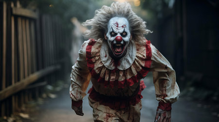 the horror clown, with its sinister grin and menacing gaze, is captured in a heart-stopping moment as it sprints towards the camera, its ultra-realistic features and terrifying demeanor evoking a sense of fear and dread, perfect for fans of horror movies and haunted attractions. ai generatedの素材