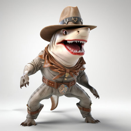a 3d shark, dressed in a cowboy hat and boots, stands confidently on a white isolated background, its sharp teeth and fins a striking contrast to its rugged cowboy attire, evoking a sense of whimsy and humor, perfect for illustrations, graphics, and digital art projects related to marine life, wild west, and fantasy creatures. ai generatedの素材