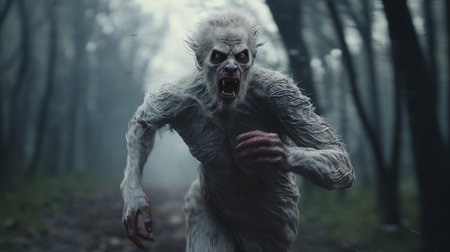 a shapeshifter, with its terrifyingly realistic features, is sprinting towards the camera, its eyes glowing with an otherworldly intensity, creating a sense of unease and fear, perfect for fans of horror movies, supernatural creatures, and paranormal activity, showcasing exceptional cgi and visual effects. ai generatedの素材