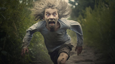 the erlking, a mythical creature from germanic folklore, is captured in a heart-stopping moment, running towards the camera with an ultra-realistic and terrifying expression, evoking a sense of fear and unease, perfect for fans of dark fantasy and horror art. ai generatedの素材