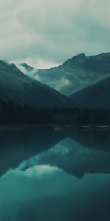 the moor, a serene and mystical landscape, is captured in this stunning wallpaper, featuring a calming and introspective aesthetic that combines dark green and light aquamarine hues, evoking a sense of tranquility, reminiscent of mountainous vistas, with juxtaposed imagery that blends webcam photography and swiss style elements. ai generatedの素材