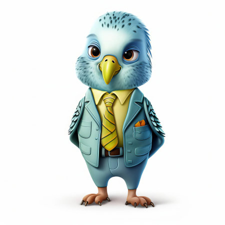 this charming budgerigar, dressed in a stylish suit, stands confidently against a crisp white background, showcasing its friendly personality in a stunningly realistic cartoon illustration, blending anthropomorphic charm with vibrant colors and meticulous details, perfect for bird lovers and cartoon enthusiasts alike. ai generatedの素材
