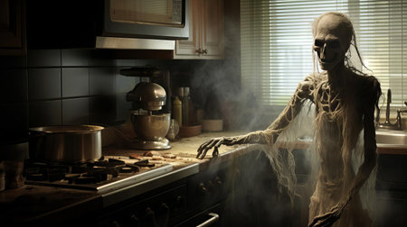 a spooky skeleton ghost lurks in a dimly lit kitchen, surrounded by eerie shadows, its bony fingers grasping a worn wooden spoon, evoking a sense of haunted culinary chaos, perfect for halloween decorations or spooky themed parties, capturing the essence of supernatural horror and paranormal activity. ai generatedの素材
