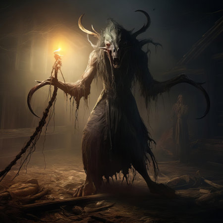the demonic creature, born from the darkest corners of medieval nightmares, emerges from the shadows, its twisted, corpse-like body adorned with tattered black robes, glowing red eyes blazing with malevolent intent, as it conjures an aura of terror, reminiscent of the infamous salem witch trials, evoking fear and dread in all who dare gaze upon it. ai generatedの素材