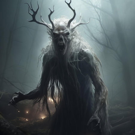 the demon, a malevolent entity from the darkest corners of the subconscious, emerges from the shadows, its twisted, elongated body a manifestation of our deepest fears, with glowing red eyes that pierce through the darkness, surrounded by an aura of malevolent energy, evoking feelings of dread and terror. ai generatedの素材