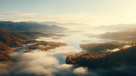 the hinterland, bathed in warm autumn hues, is shrouded in a mystical fog, creating a serene and peaceful atmosphere, perfect for nature lovers and photographers, showcasing the beauty of the season in stunning 8k resolution, ideal for wallpapers and screensavers. ai generatedの素材