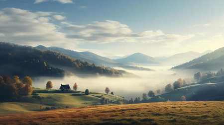 the majestic knoll, surrounded by a veil of eerie fog, is set ablaze with vibrant autumn hues, as the misty atmosphere adds an air of mystique to this breathtaking 8k landscape, capturing the essence of the season's fleeting beauty. ai generatedの素材