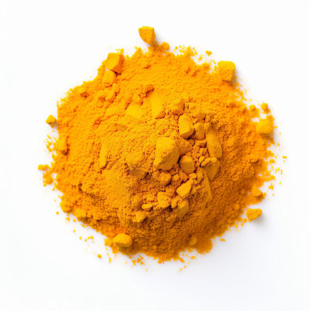turmeric, a vibrant yellow spice commonly used in indian and middle eastern cuisine, is showcased in a stunning close-up shot against a pristine white background, highlighting its intricate texture and warm, golden hue, perfect for cooking, food blogging, and culinary photography. ai generatedの素材