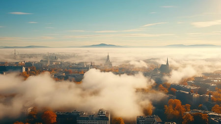 the cityscape, bathed in the warm glow of autumn, is shrouded in a mystical fog, creating a serene atmosphere, as vibrant fall foliage and towering skyscrapers blend in perfect harmony, showcasing the beauty of urban landscapes during the autumn season in stunning 8k resolution. ai generatedの素材