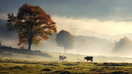 the picturesque pasture, bathed in the warm, golden light of autumn, is shrouded in a mystical fog, creating a serene and peaceful atmosphere, perfect for a relaxing stroll, surrounded by the vibrant colors of fall, captured in stunning 8k resolution. ai generatedの素材