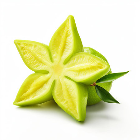 the carambola, also known as starfruit, is beautifully showcased against a pure white background, highlighting its vibrant yellow skin and distinctive star-shaped cross-section, perfect for adding a pop of color and freshness to any fruit arrangement or still life photography composition. ai generatedの素材