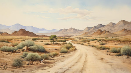 the serene landscape panorama stretches across the horizon, with a winding road slicing through the center, surrounded by lush greenery and majestic mountains, evoking a sense of tranquility, reminiscent of a watercolor painting, perfect for nature lovers and travel enthusiasts seeking scenic getaways. ai generatedの素材