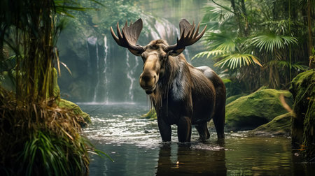 the majestic harpy eagle, a rare and powerful moose of the species harpia harpyja, perches regally in its enclosure at a brazilian zoo, its piercing gaze and broad wingspan a testament to its dominance in the tropical rainforests of central and south america. ai generatedの素材
