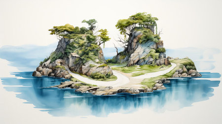 this serene islet, surrounded by calm turquoise waters, features a winding road that bisects the lush green landscape, evoking a sense of tranquility and isolation, as if plucked from a watercolor painting, perfect for those seeking a peaceful escape from the hustle and bustle of city life. ai generatedの素材