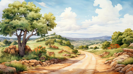 the serene landscape presents a picturesque scene with a winding road meandering through the heart of the image, surrounded by lush greenery and majestic mountains in the background, evoking a sense of tranquility and calmness, reminiscent of a watercolor painting, perfect for nature lovers and travel enthusiasts. ai generatedの素材