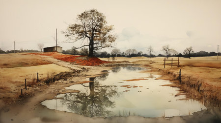 the serene pond, surrounded by lush greenery, is bisected by a winding road, creating a striking visual contrast, evoking a sense of tranquility and peacefulness, reminiscent of a watercolor painting, perfect for relaxation and contemplation, with the road's gentle curve adding a touch of whimsy to the idyllic scene. ai generatedの素材