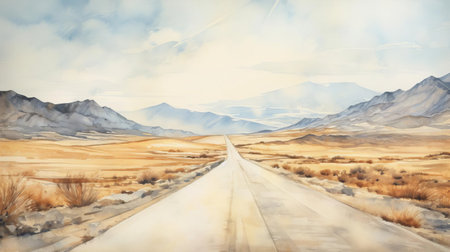 the serene landscape panorama stretches across the horizon, featuring a winding road that disappears into the distance, surrounded by lush greenery, with a subtle watercolor effect adding a dreamy quality to the scene, evoking a sense of tranquility and peacefulness, perfect for nature lovers and art enthusiasts. ai generatedの素材