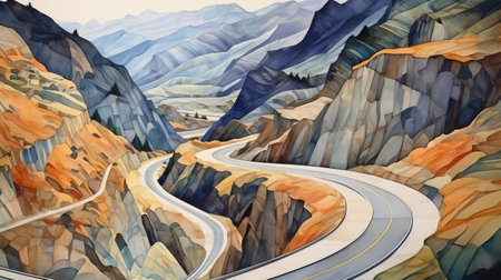 serene mountain slopes, adorned with lush greenery, gently slope downwards, divided by a winding road that stretches into the distance, evoking a sense of tranquility, reminiscent of a watercolor painting, capturing the essence of a peaceful, untouched landscape, perfect for nature lovers and art enthusiasts alike. ai generatedの素材