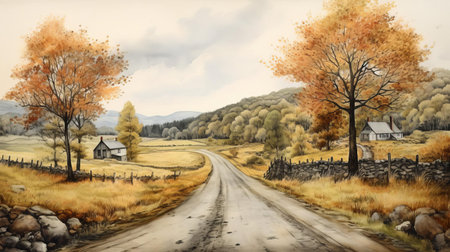 the serene dell landscape, nestled between rolling hills, features a winding road that stretches into the distance, surrounded by lush greenery, with a subtle watercolor effect adding a touch of whimsy to this idyllic scene, evoking feelings of tranquility and peacefulness. ai generatedの素材