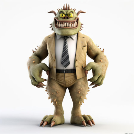 the 3d monster, dressed in a stylish suit, stands confidently on a pristine white background, showcasing its full body in a striking pose, perfect for use in fantasy, fiction, or horror-themed designs, adding a touch of eeriness and sophistication to any visual project. ai generatedの素材