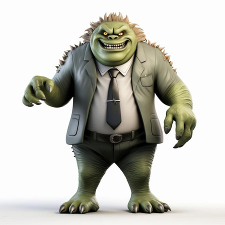 the 3d monster, dressed in a sleek business suit, stands confidently on a crisp white background, its full body posed in a powerful stance, showcasing its intimidating yet oddly charming demeanor, perfect for illustrations, graphics, and digital art projects requiring a touch of whimsy and fantasy. ai generatedの素材