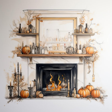 this interior design sketch showcases a stylish bar cart and mantle, perfect for any sophisticated living space. a clean, white wall serves as the backdrop, while a mirror above the fireplace adds depth and dimension. the mantle and bar cart are tastefully decorated for halloween, featuring pumpkins, candles, and other festive decor. this front-view rendering showcases the design's balance and attention to detail. ai generatedの素材