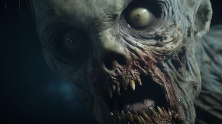 a terrifying creature with an open mouth and an eye, captured in a natural, gritty tone, arouses curiosity and fear. the wide-angle shot, illuminated by studio lighting, gives a cinematic, horror-like appearance, reminiscent of christopher nolan's filmmaking style. ai generatedの素材