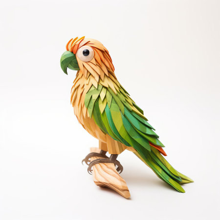 the colorful conure parrot, perched on a wooden pedestal, showcases its vibrant plumage against a pristine white background, highlighting the intricate details of its handmade wooden sculpture, perfect for bird enthusiasts and collectors of unique wooden decorative art. ai generatedの素材